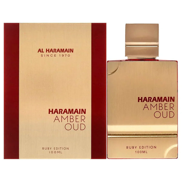 Al Haramain Amber Oud Ruby Edition eau de parfum, warm amber en rokerige oud in een luxe fles, vooraanzicht