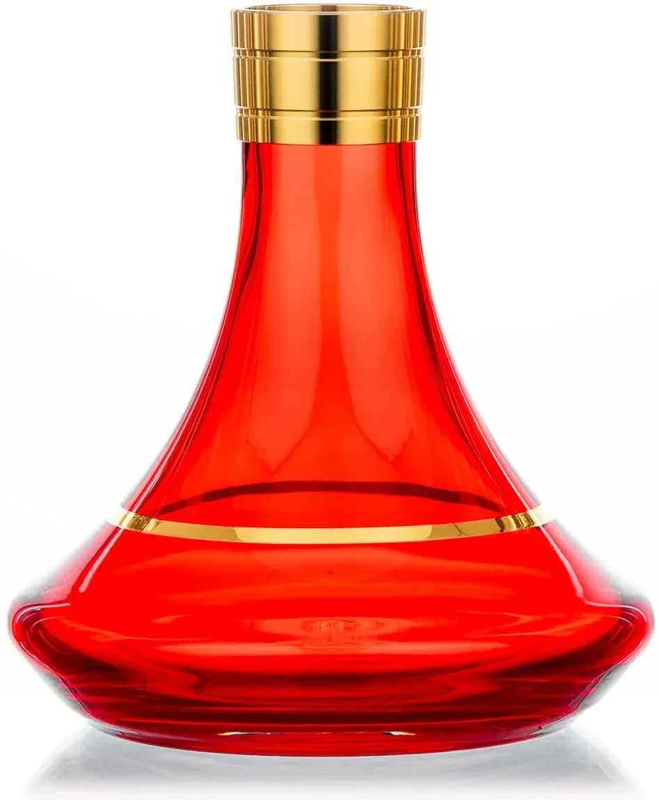 Red glass hookah base with a gold collar and gold trim ring, with a visibly thick glass bottom and a wide foot.