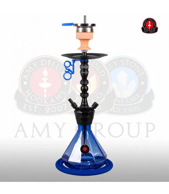 Amy Deluxe 062 zwarte rookkolom met blauwe glazen vaas, complete shisha set van Amy Deluxe, vooraanzicht