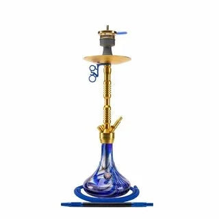 Amy Deluxe 073.01 shisha in goud en blauw, complete shisha set van glas en roestvrij staal met klik-systeem, vooraanzicht