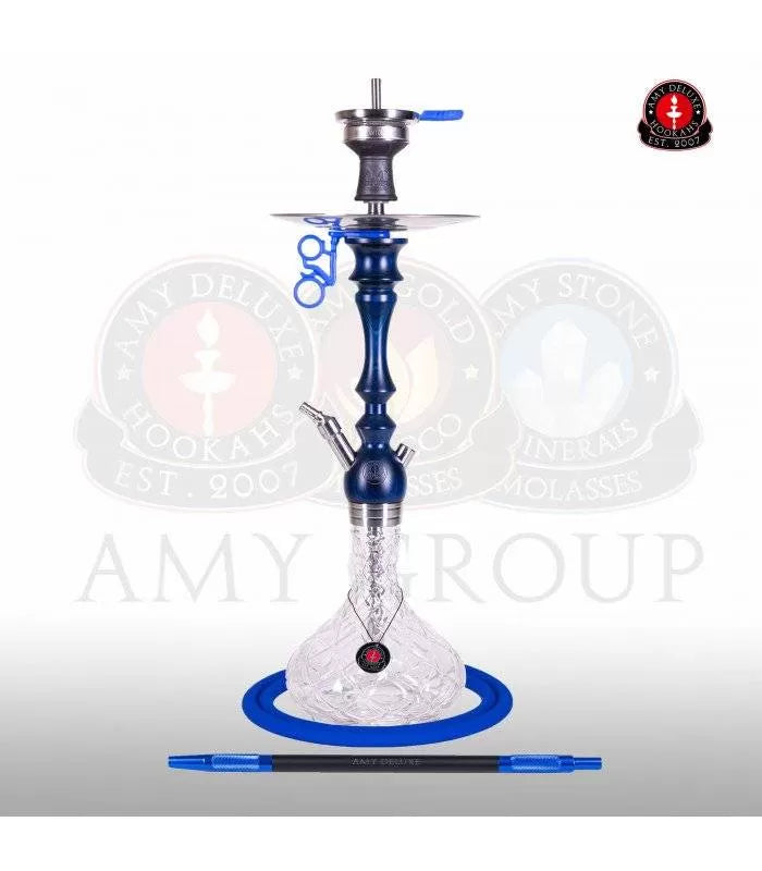 Amy Deluxe 101.02 in blauw als complete hookah met roestvrij stalen kolom en glazen vaas