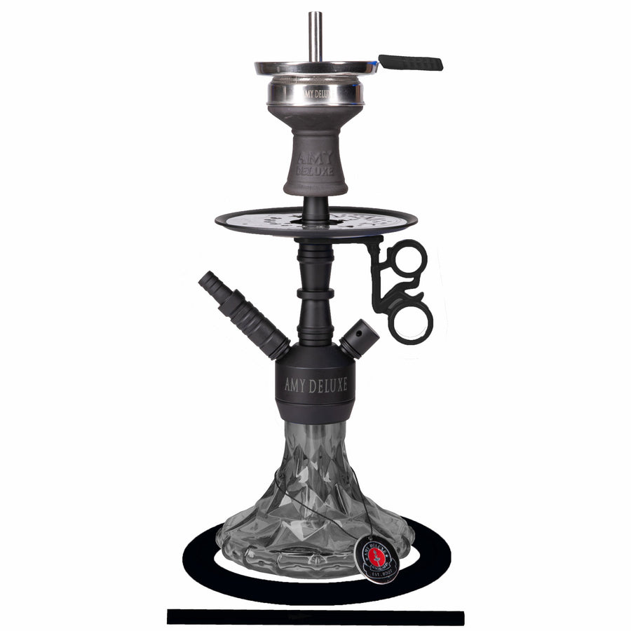 Amy Deluxe 107.03 complete hookah set in zwart met roestvrij stalen rookkolom, glazen vaas en siliconenslang