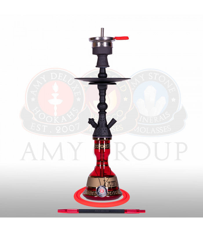 Amy Deluxe 110.02 Mini Harfi Rood complete hookah met matte messing kolom en bladgoudglas