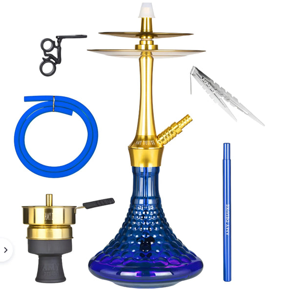 Amy Deluxe 128.02 Gold Blue, RVS shisha met blauwe glazen vaas en goudkleurige schacht, circa 70 cm hoog, vooraanzicht