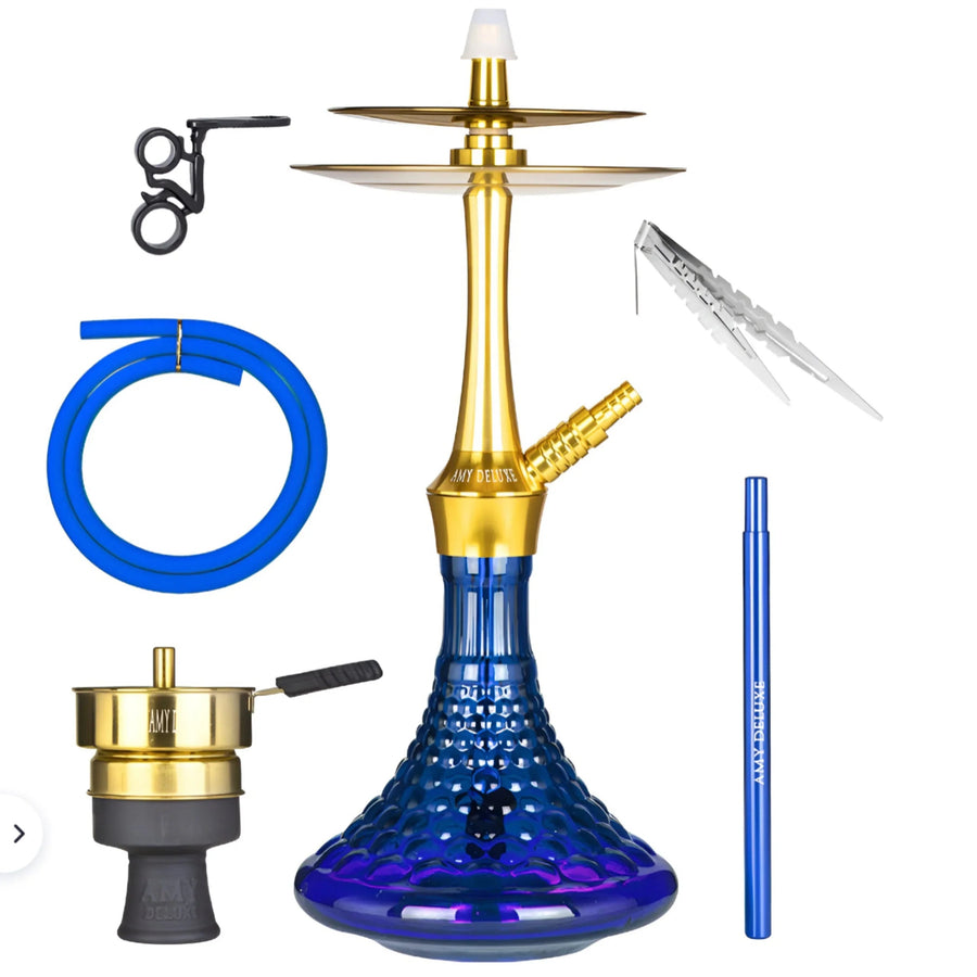 Amy Deluxe 128.02 Gold Blue, RVS shisha met blauwe glazen vaas en goudkleurige schacht, circa 70 cm hoog, vooraanzicht
