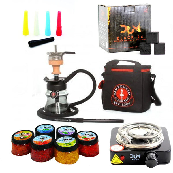 Amy Deluxe hookah travel kit inclusief waterpijp en kolenbrander