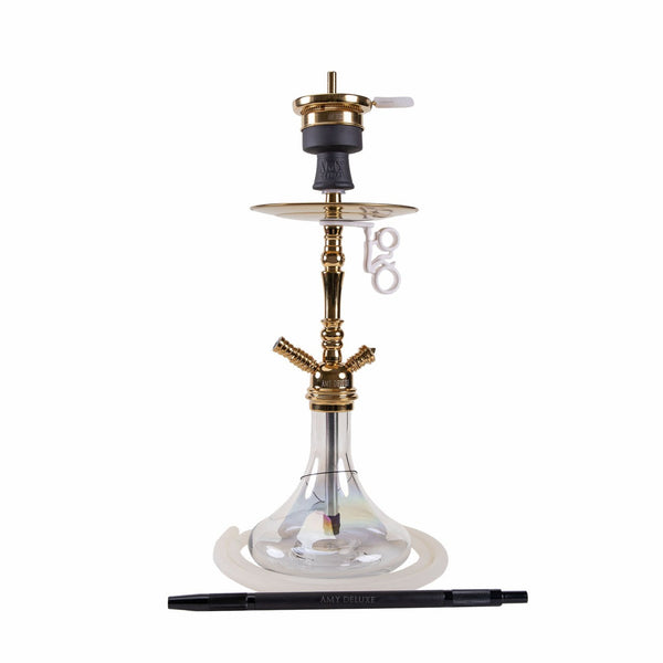 Amy Deluxe Middle Globe R 056 Goud shisha van 60cm met doorzichtige glazen vaas en gouden messing rookkolom, vooraanzicht