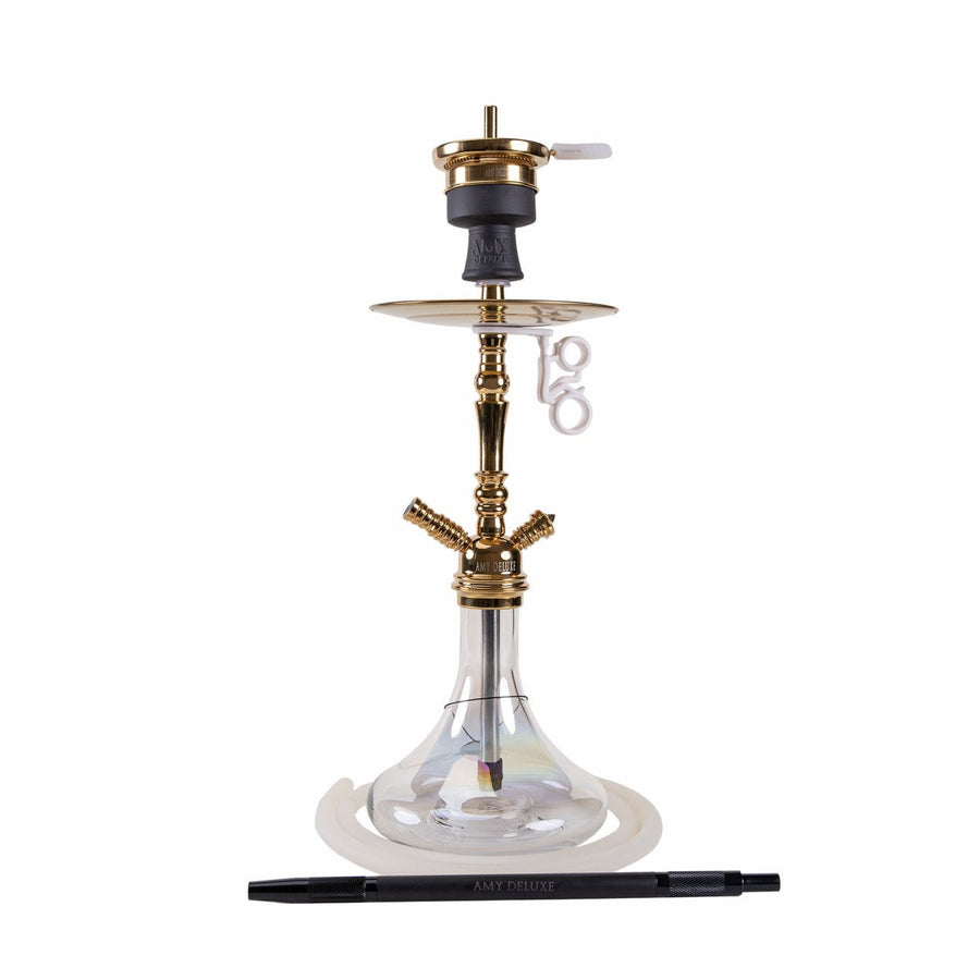 Amy Deluxe Middle Globe R 056 Goud shisha van 60cm met doorzichtige glazen vaas en gouden messing rookkolom, vooraanzicht