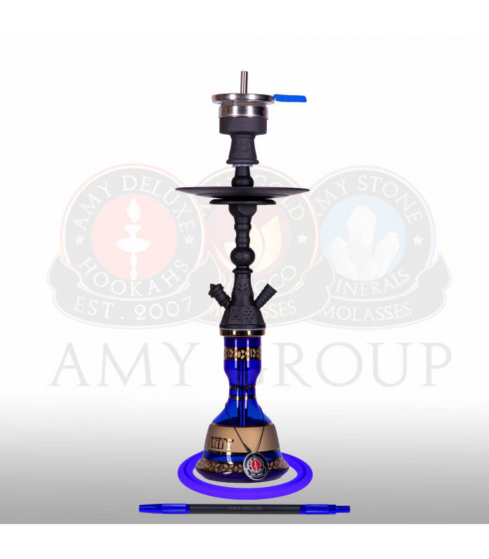 Amy Deluxe Mini Harfi blauwe waterpijp van 47 cm in vooraanzicht met matzwarte kolom