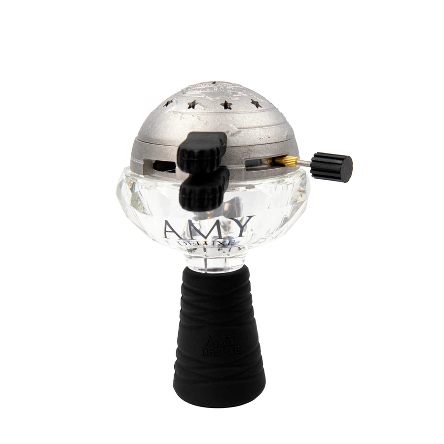 Amy Deluxe New Age Globe Set glazen shisha kop in brons, zijaanzicht met kolenbox