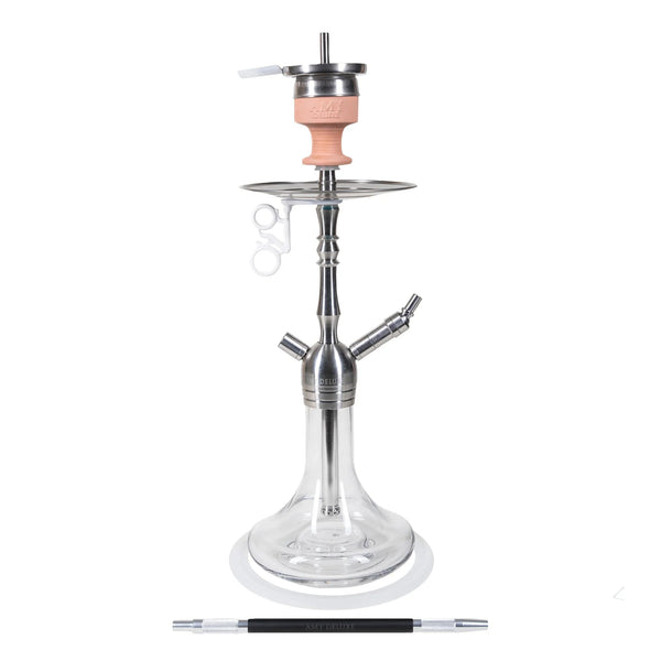 Amy Deluxe SS12 Little Palm shisha van roestvrij staal, 62 cm hoog, complete shisha set met glazen vaas en siliconenslang, vooraanzicht