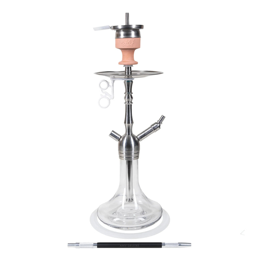 Amy Deluxe SS12 Little Palm shisha van roestvrij staal, 62 cm hoog, complete shisha set met glazen vaas en siliconenslang, vooraanzicht