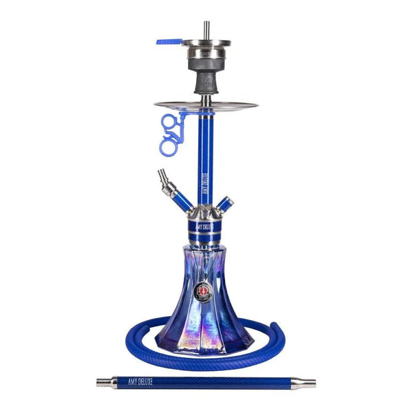 Amy Deluxe SS22.02 Blauw, roestvrij stalen shisha met koningsblauwe glazen vaas, hoogte 60 cm, kliksluitsysteem, vooraanzicht