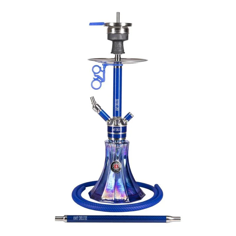 Amy Deluxe SS22.02 Blauw, roestvrij stalen shisha met koningsblauwe glazen vaas, hoogte 60 cm, kliksluitsysteem, vooraanzicht