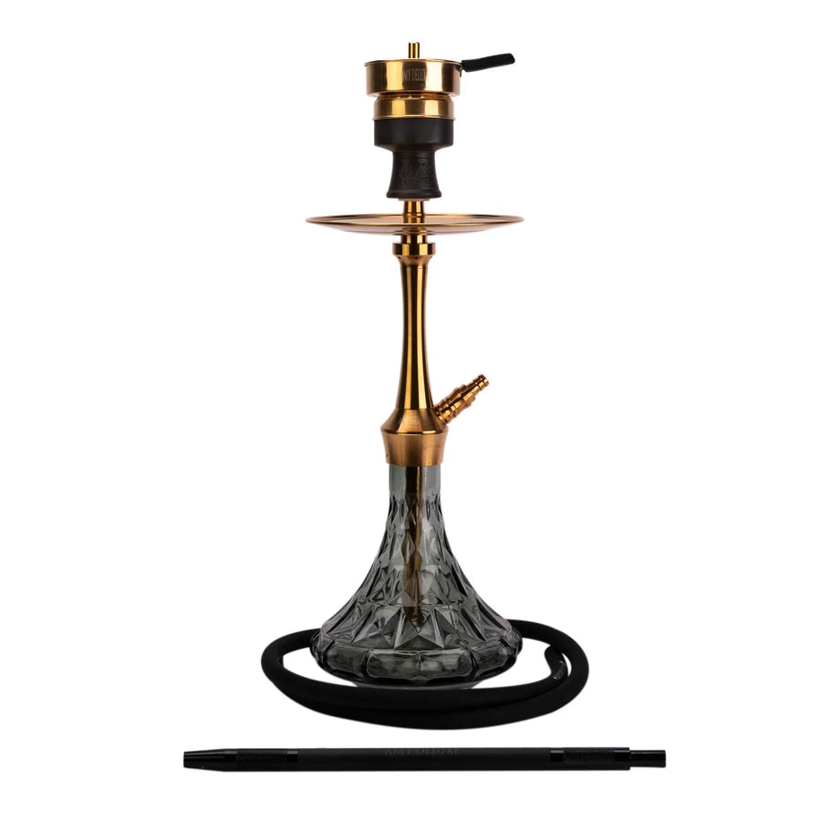 Amy Deluxe SS38.02 Gold Black shisha van roestvrij staal met zwarte glazen vaas en gouden rookkolom, complete shisha set, vooraanzicht