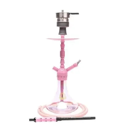 Amy Deluxe SS41.02 roze shisha van roestvrij staal met roze glazen vaas, zijaanzicht op witte achtergrond