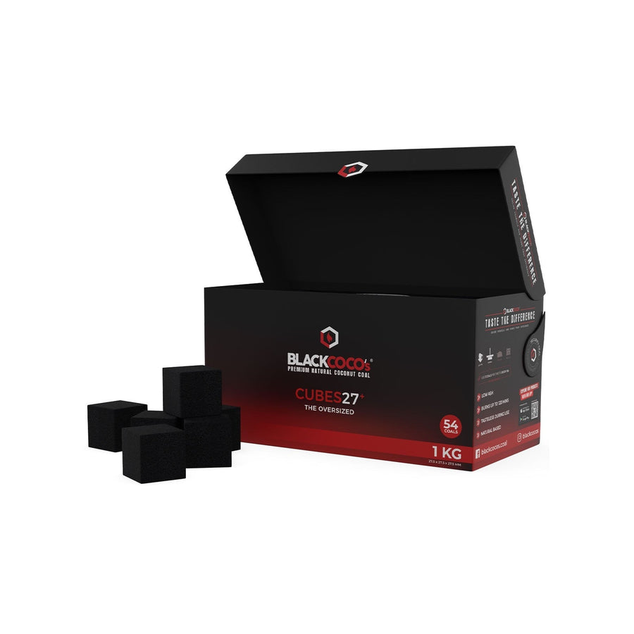 Bovenaanzicht van de Black Coco 27 Cubes 1KG kokos waterpijp kolen verpakking