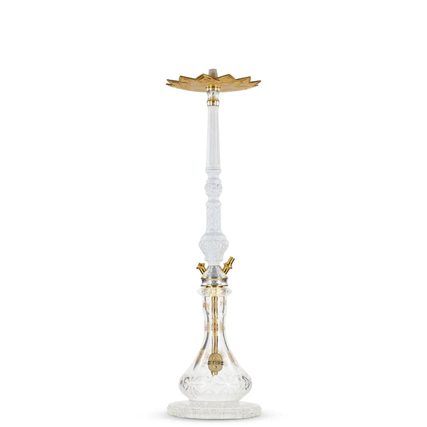 Dschinni Legend hookah, vooraanzicht met kristalglazen bowl en houten kolom