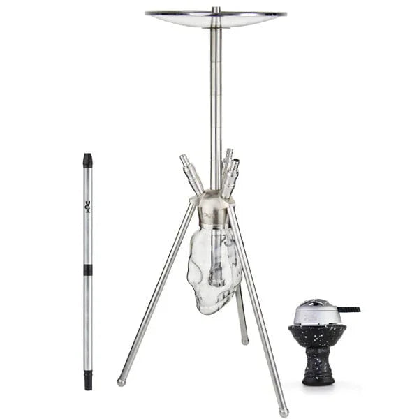 Zilverkleurige Dum hookah met schedelvormige glazen vaas, volledig aanzicht