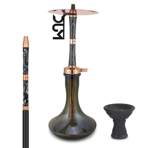 Zwarte Dum SS69 Kazan Large hookah met gouden rookkolom, vooraanzicht