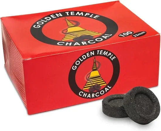 Doos met 100 Golden Temple houtskool tabletten van 3,3 cm in tien rollen