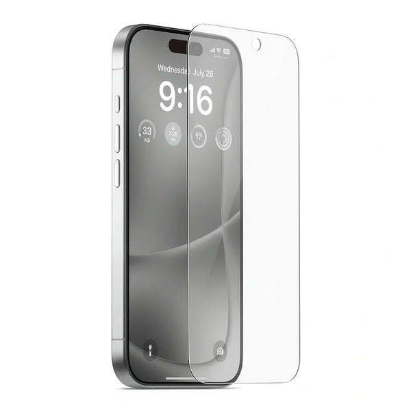 Ultradun gehard glas screenprotector op het scherm van een iPhone 16 Pro Max