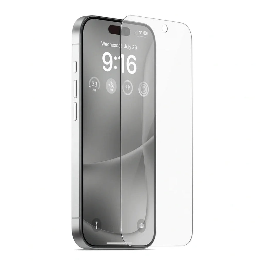 Ultradun gehard glas screenprotector op het scherm van een iPhone 16 Pro Max
