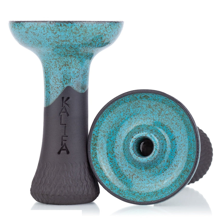 Blauw-groen gevlekte Kalifa Neptun phunnel tabakskop met glazuurlaag, 12 cm hoog