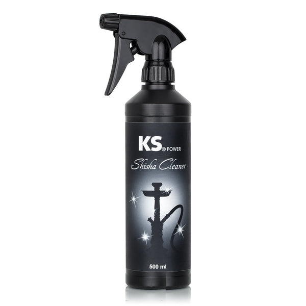 Zwarte KS Power Shisha Cleaner spuitfles van 500 ml met sproeikop en een etiket met een waterpijpsilhouet, op een witte achtergrond.