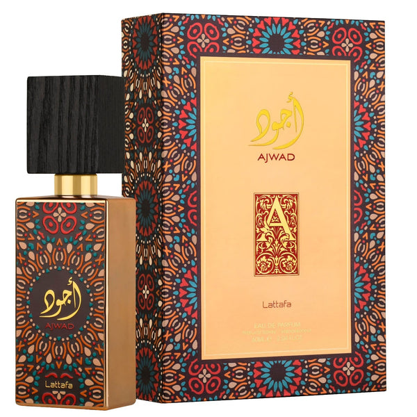 Fles Lattafa Ajwad parfum met oud, amber en muskgeur