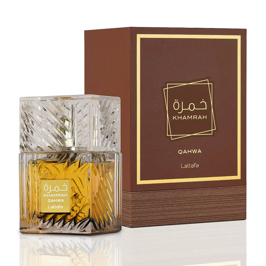 Flacon Lattafa Khamrah Qahwa 100 ml eau de parfum met koffie en kaneel