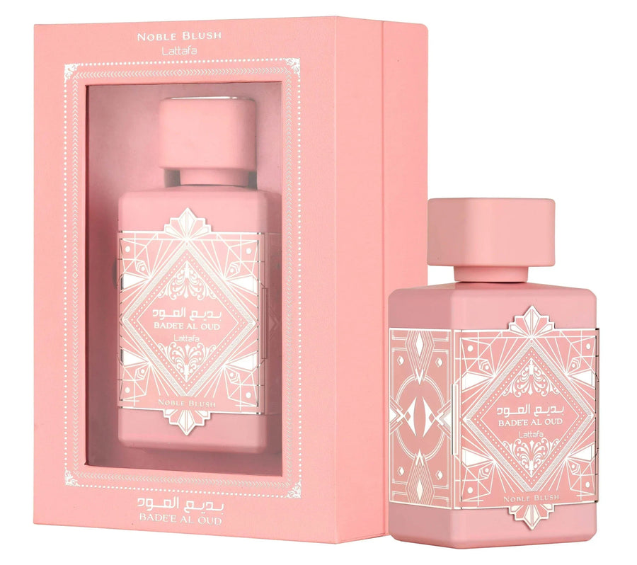 Lattafa Noble Blush parfumfles met bloemig-oosterse damesgeur van roos, oud en vanille