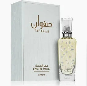 Flacon van Lattafa Safwaan Lautre Musk parfum met zachte muskus- en houtgeur