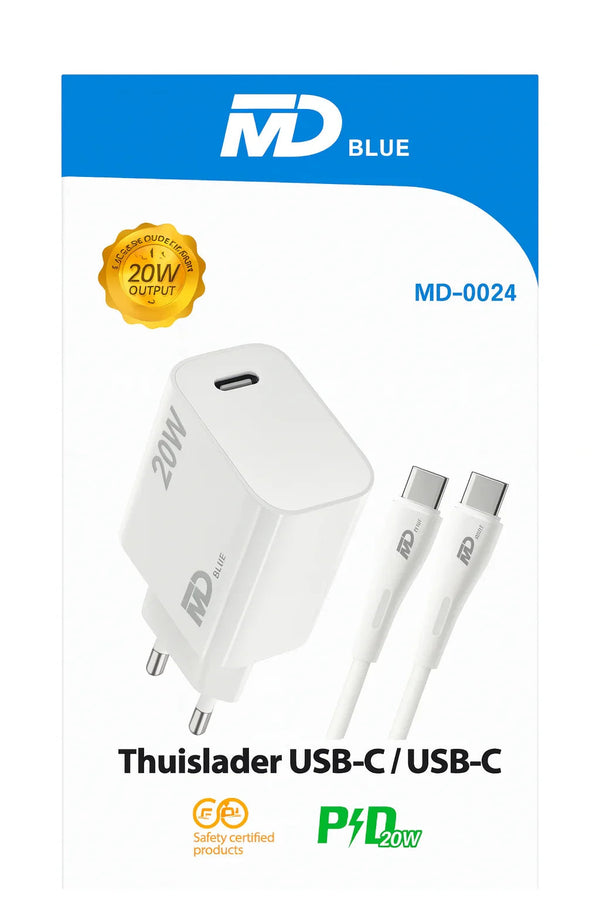 MD Blue 20W USB-C thuislader met Power Delivery voor telefoon en tablet