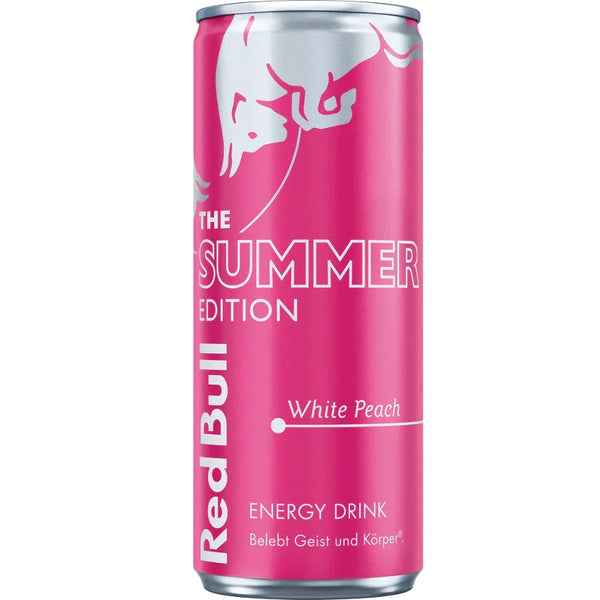 Blikje Red Bull White Peach Edition 250 ml met frisse witte perziksmaak