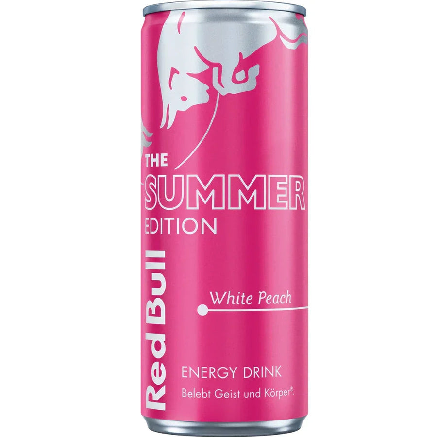 Blikje Red Bull White Peach Edition 250 ml met frisse witte perziksmaak