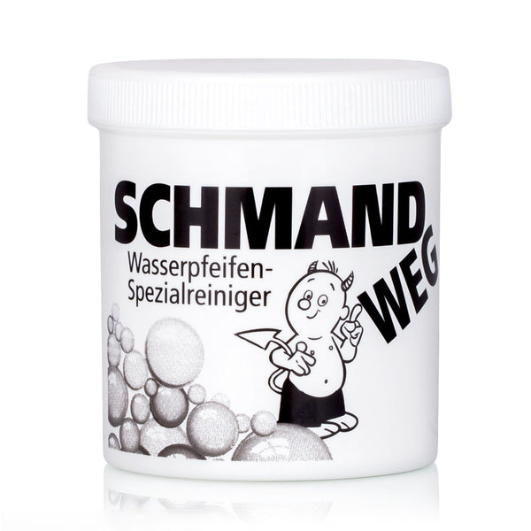 Schmand Weg reinigingspoeder 150g voor waterpijp en shisha vaas, witte verpakking op witte ondergrond
