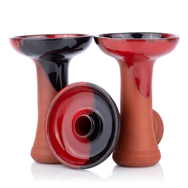 Handgemaakte phunnel hookah bowl van steen-klei met zwart-rood glazuur, 12 cm hoog