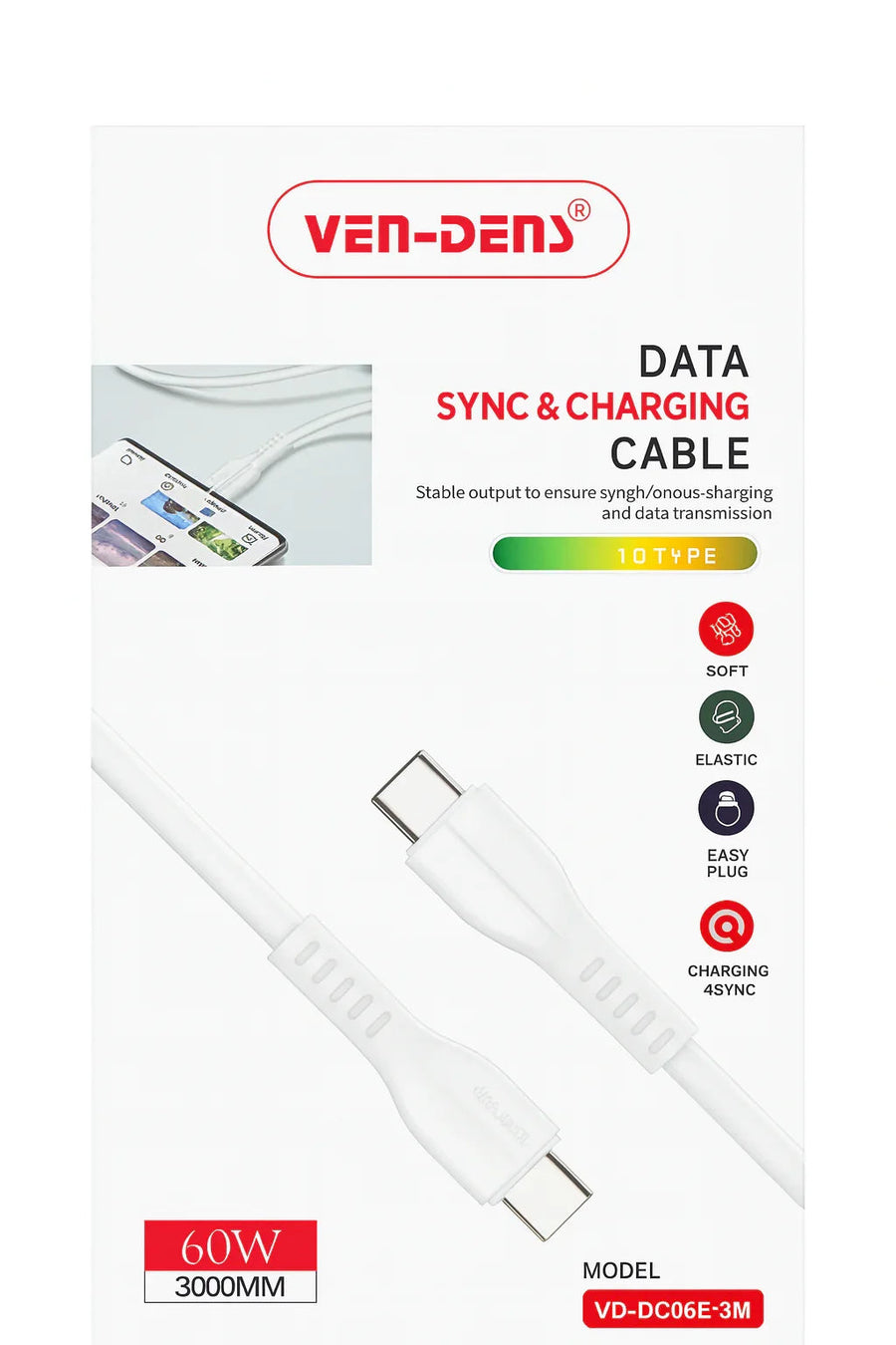 Ven-Dens 60W USB-C snellaadkabel Type-C naar Type-C