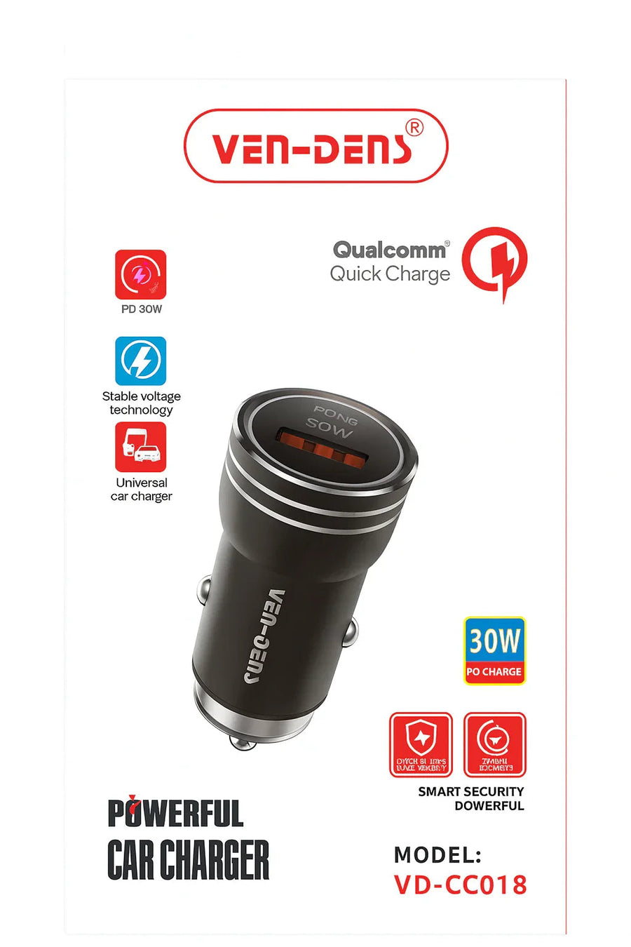 Ven-Dens 30W autolader met Quick Charge en dubbele USB-poort in de auto