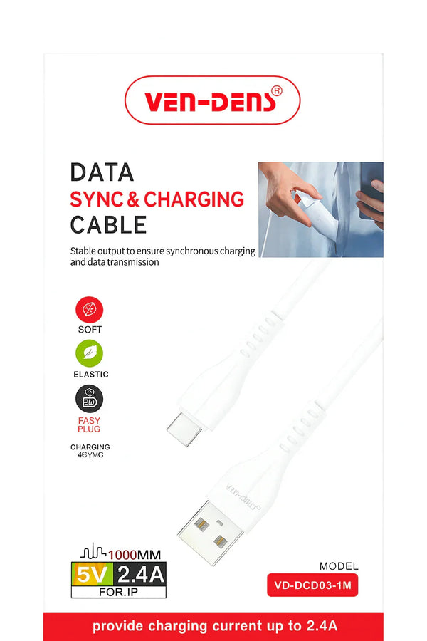 Ven-Dens Lightning oplaadkabel voor iPhone en iPad op witte achtergrond
