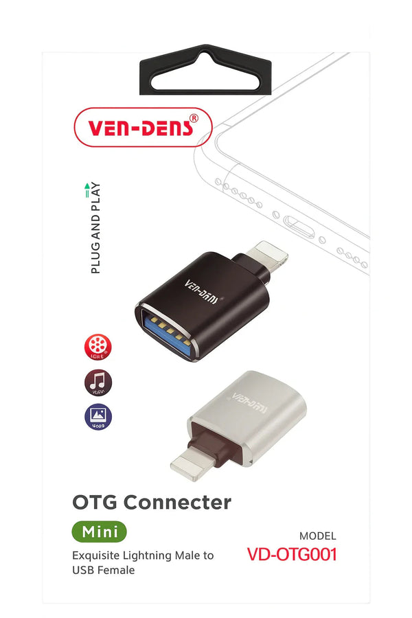 Ven-Dens Lightning OTG-adapter voor iPhone en iPad, compact en plug-and-play