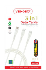 Ven-Dens 3-in-1 oplaadkabel van 1,2 meter met USB-C, Micro-USB en Lightning stekker