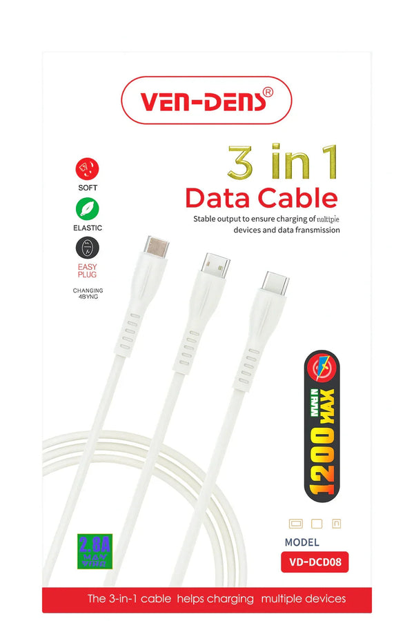 Ven-Dens 3-in-1 oplaadkabel van 1,2 meter met USB-C, Micro-USB en Lightning stekker