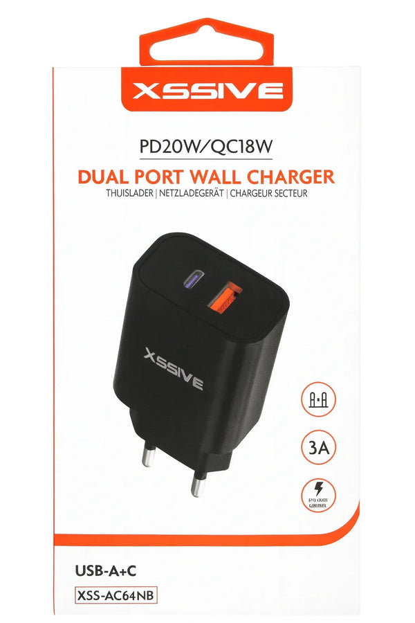 Xssive dual-port stekkeroplader met USB-A en USB-C aansluiting voor twee apparaten tegelijk