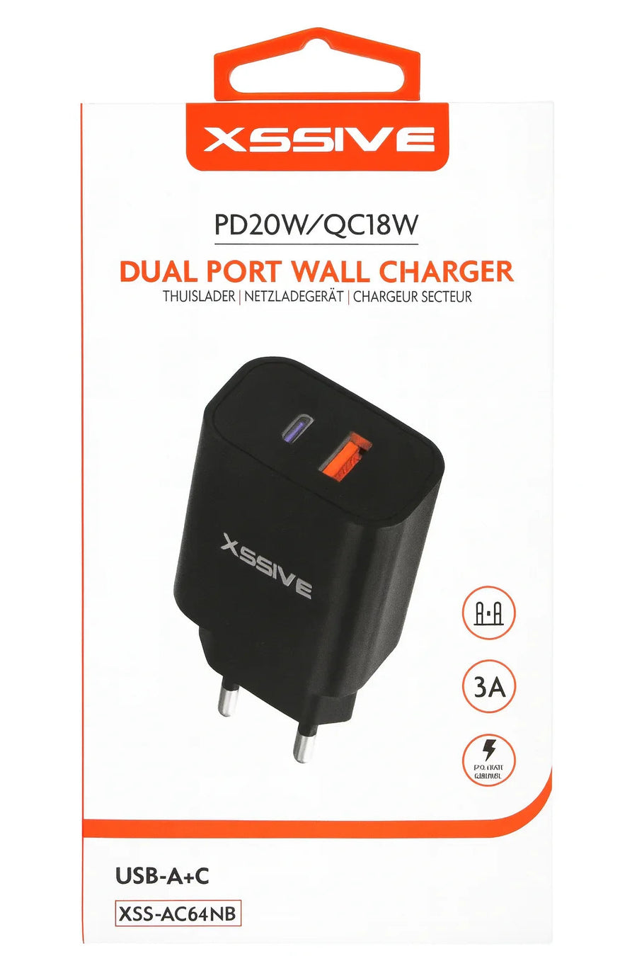 Xssive dual-port stekkeroplader met USB-A en USB-C aansluiting voor twee apparaten tegelijk