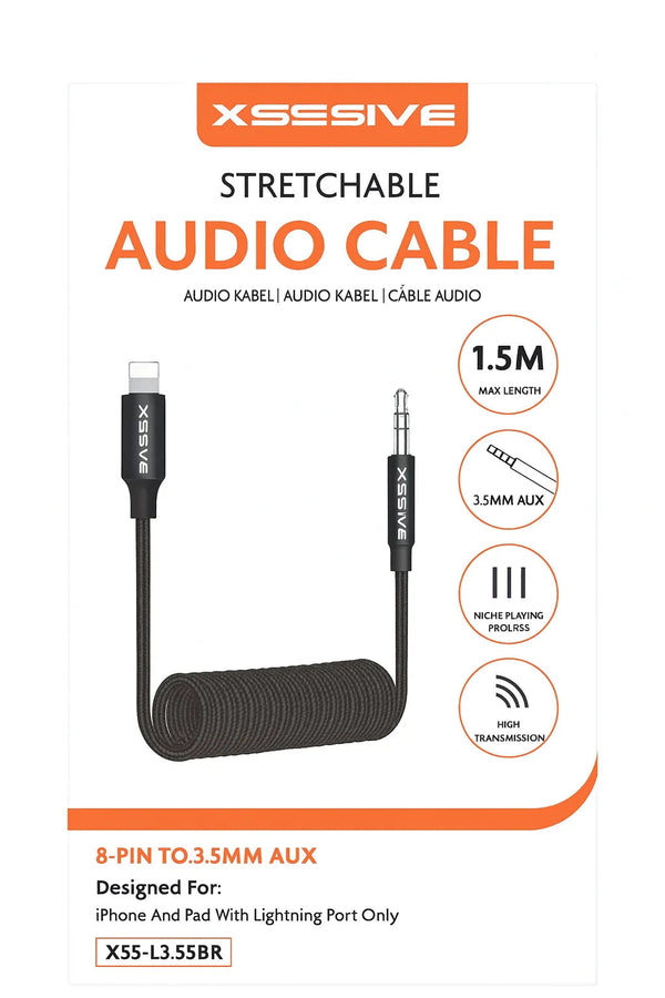 Xssive Lightning naar 3,5 mm AUX kabel aangesloten op een speaker voor iPhone geluid