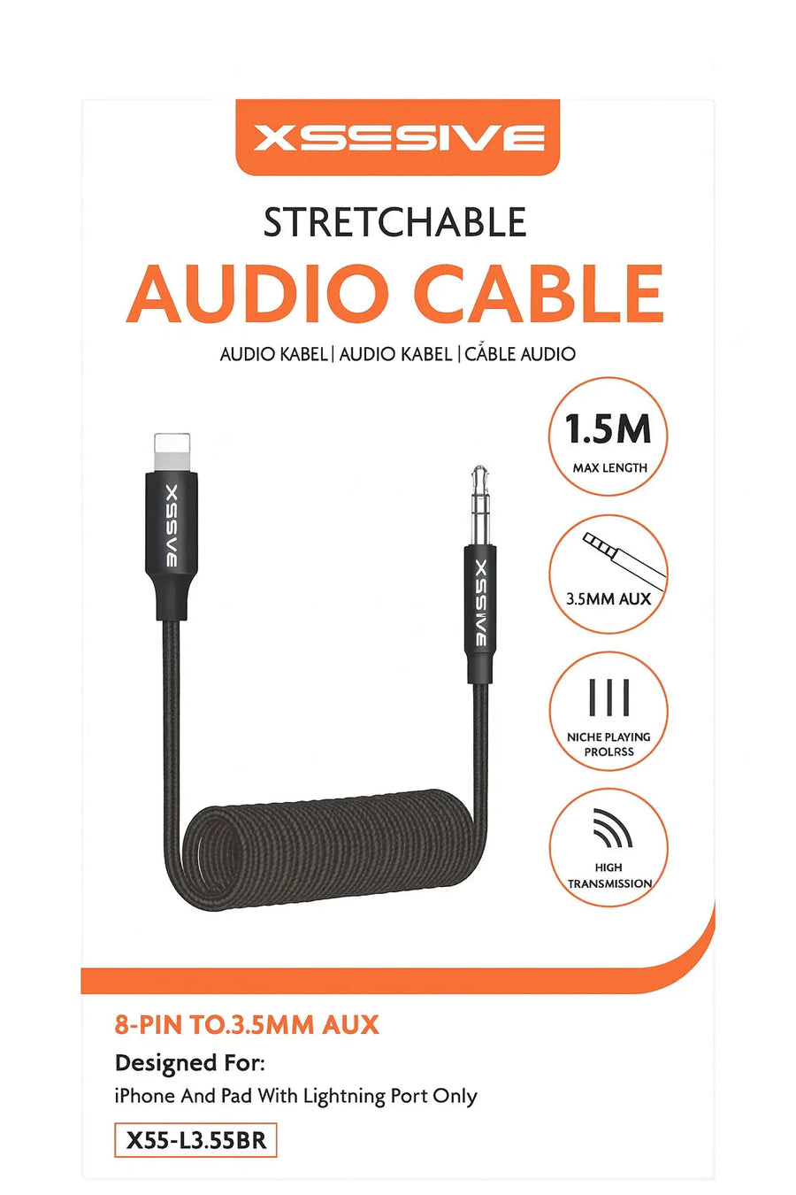 Xssive Lightning naar 3,5 mm AUX kabel aangesloten op een speaker voor iPhone geluid